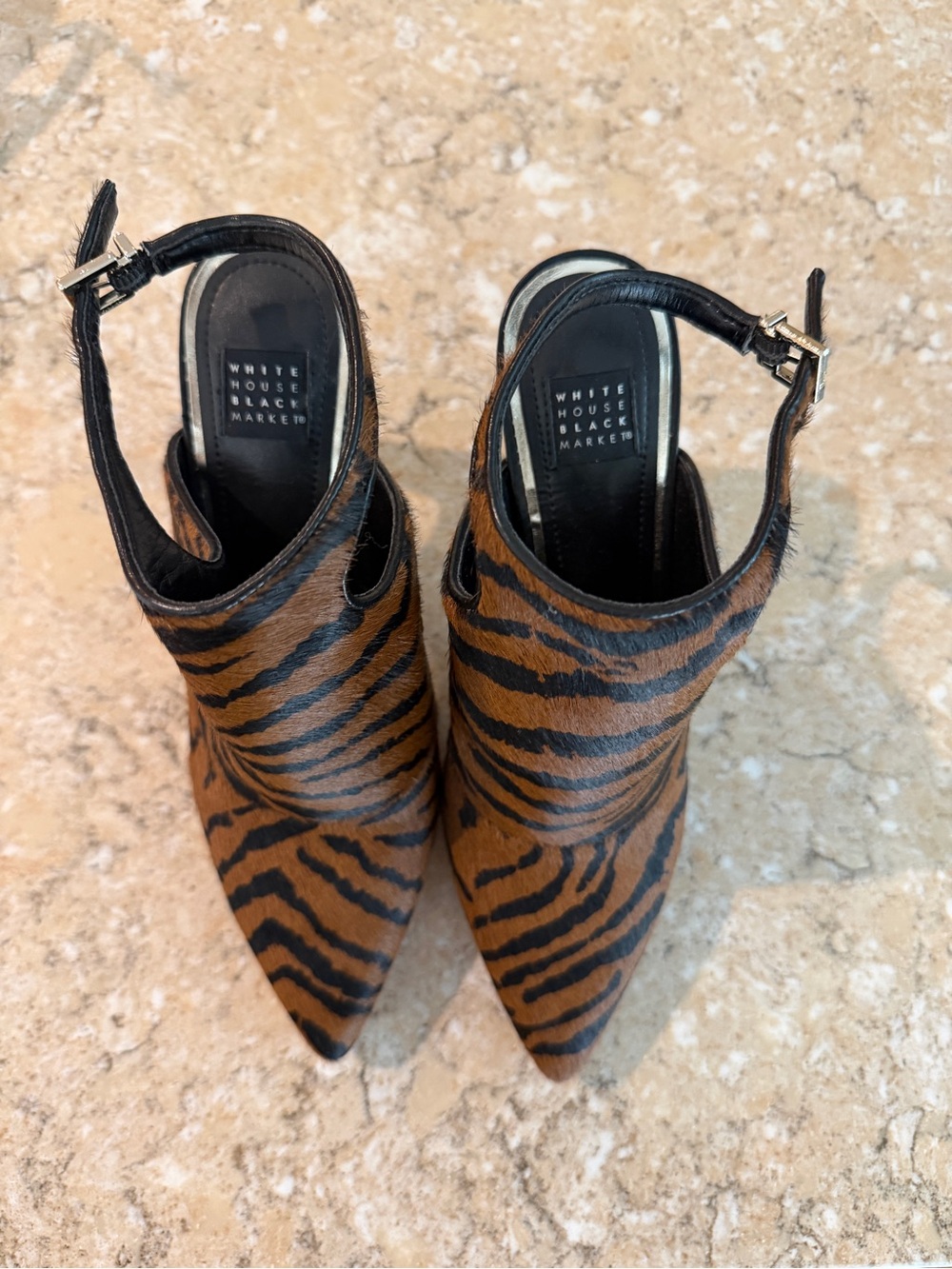 White House Black Market Brown and Black Tiger-Print Pointed Slingback Heels